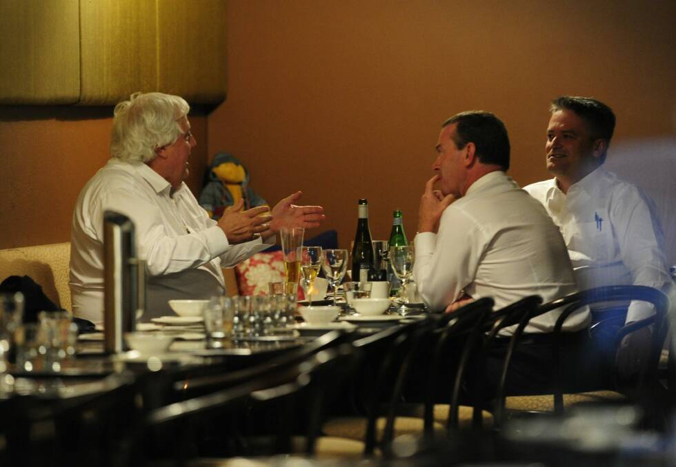 Clive Palmer meets Christopher Pyne and Mathias Cormann for dinner in Canberra Photo: Melissa Adams