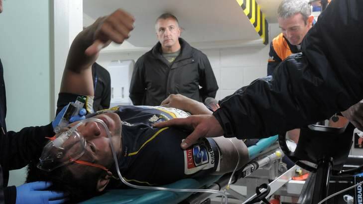Christian Lealiifano after his horror ankle injury in 2012. Photo: Graham Tidy