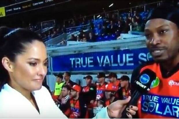 Ten Network reporter Mel McLaughlin during the uncomfortable exchange with Chris Gayle. Photo: Channel Ten