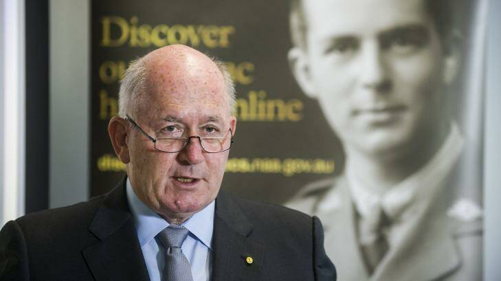 Governor-General Sir Peter Cosgrove launches the Discover the Anzacs website at the National Archives on Tuesday. Photo: Rohan Thomson