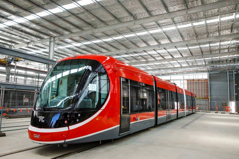 Canberra's first light rail vehicle at its depot in Mitchell. Photo: Sitthixay Ditthavong