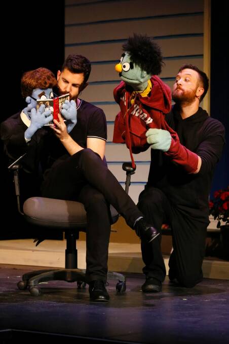 Joel Hutchings, left with Rod and Dave Smith, right, with Nicky in <i>Avenue Q</i>. Photo: Family Fotographics.? Photo: Family Fotographics