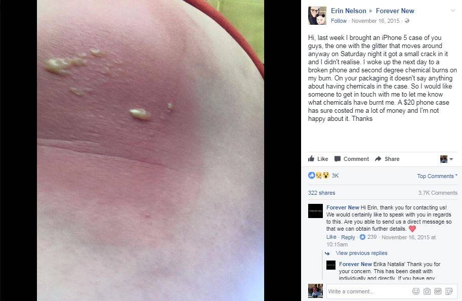 A Forever New customer was burnt from a glittery phone case she bought in 2015. Photo: Facebook/ForeverNewOfficial