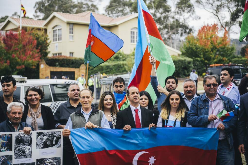 Azerbaijan supporters with flags outside the Azerbaijan Embassy in O'Malley. Photo: Rohan Thomson