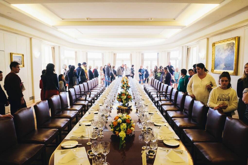 Crowds in the dining hall at the Government House open day on Saturday afternoon. Photo: Rohan Thomson