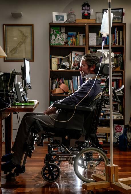 Duncan Bayly can't walk or talk and operates his computer using his eyes. Photo: Penny Stephens