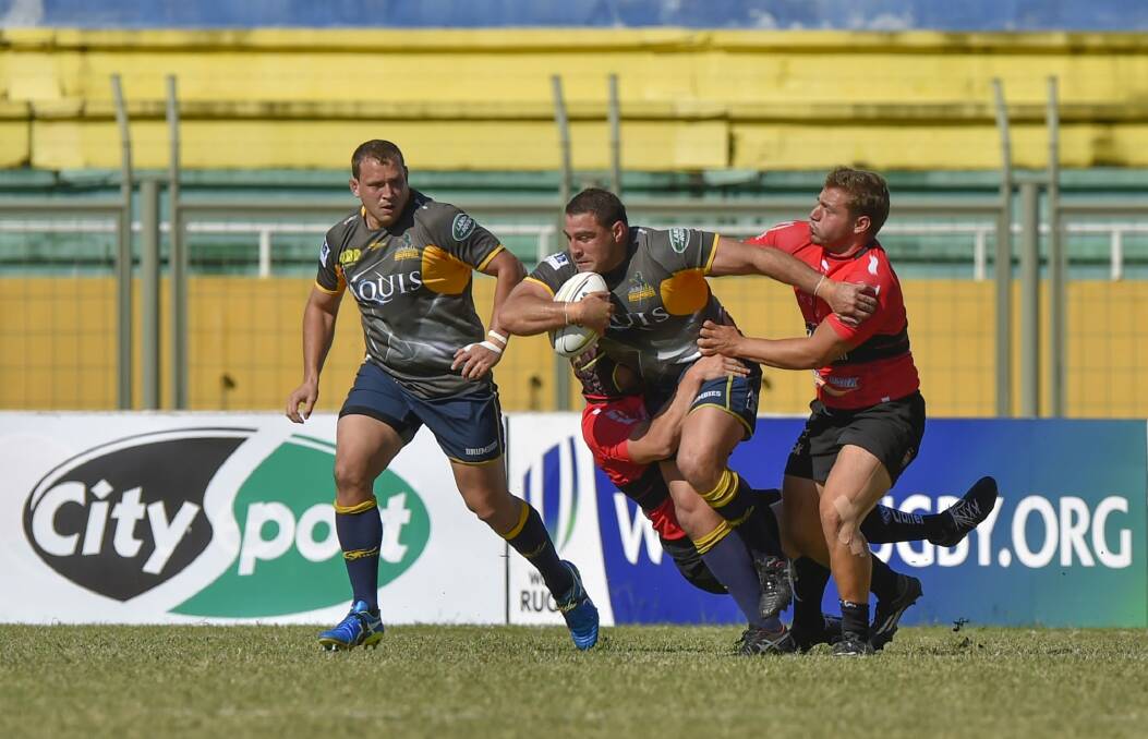 Josh Mann-Rea and Ruan Smith playing for the Brumbies in the world club 10s. Photo: Christiaan Kotze/World Club 10s