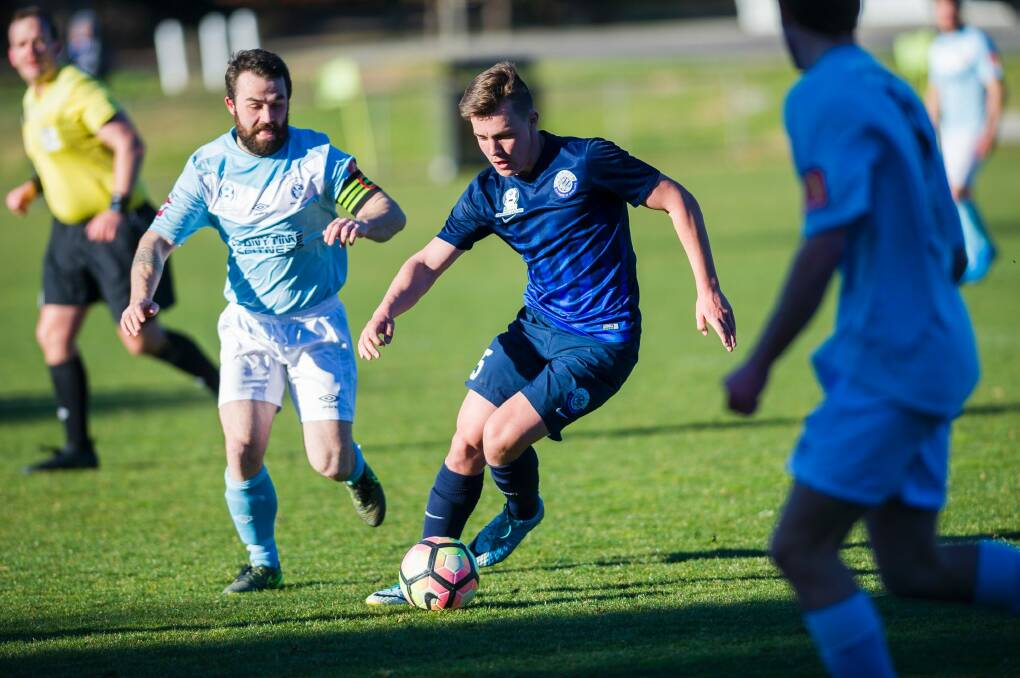 FFA Centre of Excellence Vs Belconnen United August 19 2017. Joel King dribbling past the Belconnen defence. Photo: Dion Georgopoulos Photo: Dion Georgopoulos