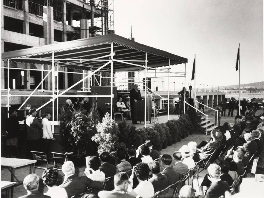 Sir Robert Menzies speaking at the laying of the National Library of Australia Foundation Stone in 1966.