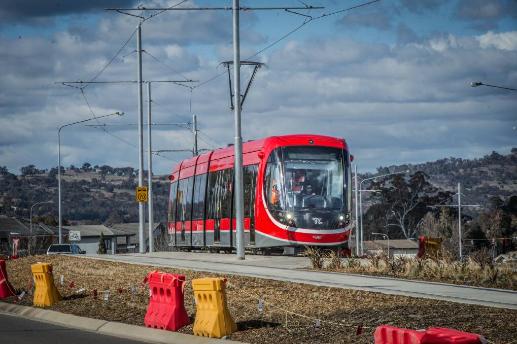 Canberra’s light rail has commenced daytime testing on Flemington Road in Gungahlin. Photo: Karleen Minney