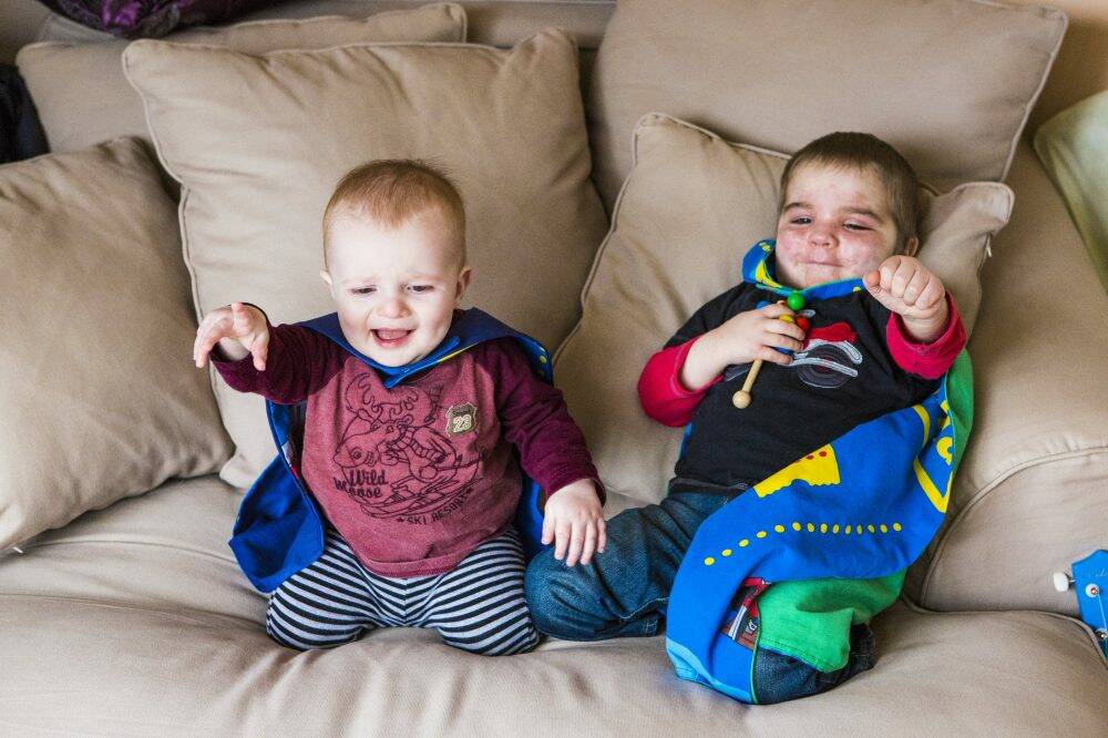 Inspiring: Jude Fulton, 1, and Levi Fulton, 2, with their new capes. Photo: Jamila Toderas
