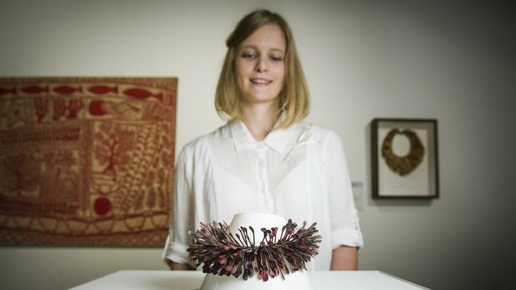 20 September 2012. Megan Sarah Carlson with her work Correa Leaves Collar. Her work was awarded in the Waterhouse Youth Art Prize as part of the Waterhouse Natural History Art Prize which is now on exhibition at the National Archives. Photo: Rohan Thomson
