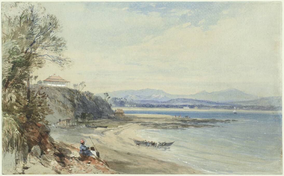 John Skinner Prout's 1843 painting of Broulee Island, featuring the Erin-Go-Bragh Inn. Photo: National Library of Australia. Ref: 2027164