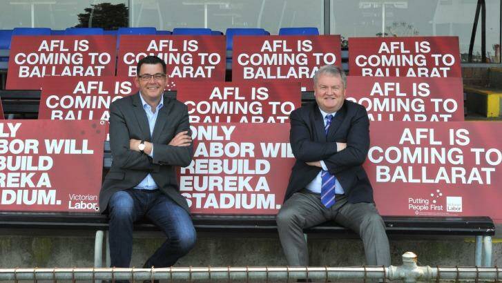 Home games: Daniel Andrews with Bulldogs president Peter Gordon at Eureka Stadium. Photo: Jeremy Bannister/The Courier