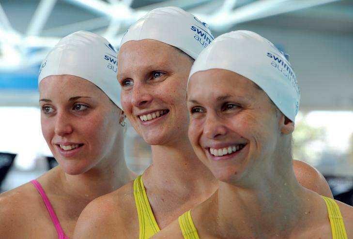 26 April 2012 SPORT Canberra Times photograph by GRAHAM TIDY Story by Lee Gaskin. Members of the Australian Women's Olympic Relay Squad at the AIS Pool. Facing media questions L to R Alicia Coutts, Leisel Jones and Libby Trickett. Photo: Graham Tidy GGT