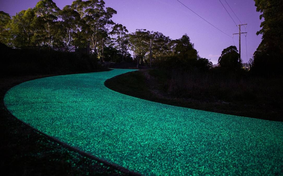 A bike path that glows at night, similar to this track in Gosford in NSW, will light up parts of Canberra's northern suburbs from next week.  Photo: Supplied