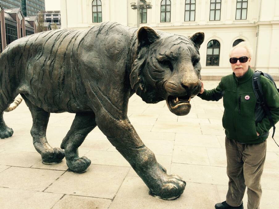 Yet another crass tourist poses with Oslo's CBD tiger.