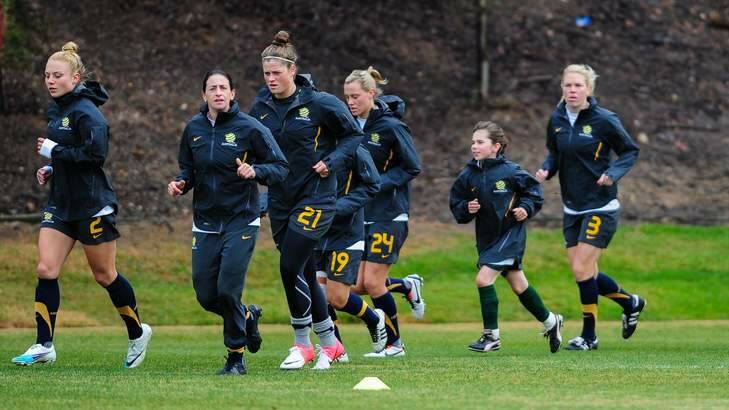 Claire Falls trains with the Matildas on Sunday. Photo: Katherine Griffiths
