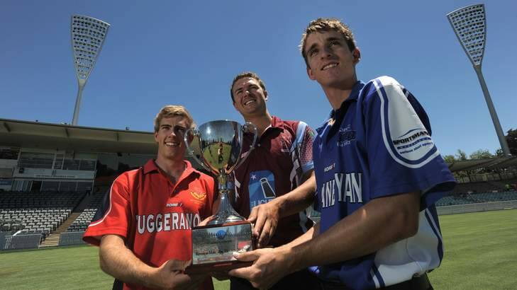 Three of the four teams represented in this weekend's T20 finals pictured at Manuka Oval with the Konica Minolta Cup. Left to right: Michael Barrington, captain of Tuggeranong, Ethan Bartlett, captain of Wests UC and Dean Solway, a Queanbeyan batsman. Photo: Graham Tidy