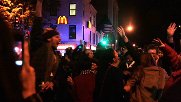 Celebrations broke out on the streets of Washington, DC, as news of Obama's victory spread. Photo: Natasha Rudra