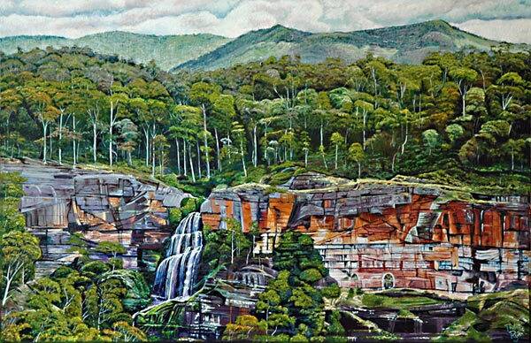 Phil Ryan's painting of Milk Shanty Falls, based on a photo by Harry Hill of Tumut, NSW.