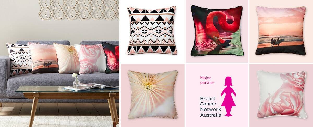 In partnership with Breast Cancer Network Australia (BCNA), Focus on Furniture has released a limited edition of exclusively designed BCNA cushions. Photo: Supplied