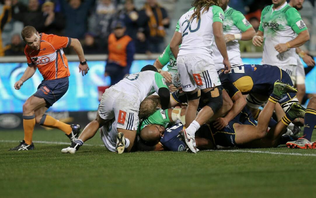 The Brumbies were denied a try with Lausii Taliauli across the line. Photo: Alex Ellinghausen