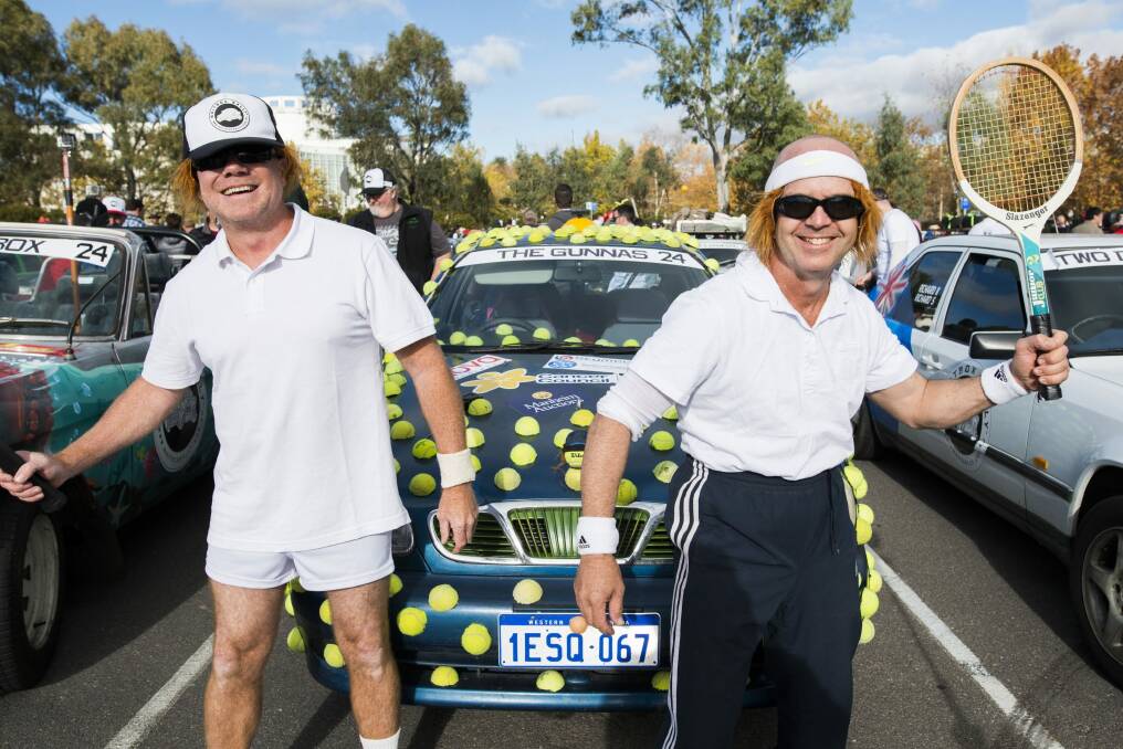 Matt Burwood and Marty Sibley from Perth cross their fingers "The Gunna" will survive the rally. Photo: Rohan Thomson