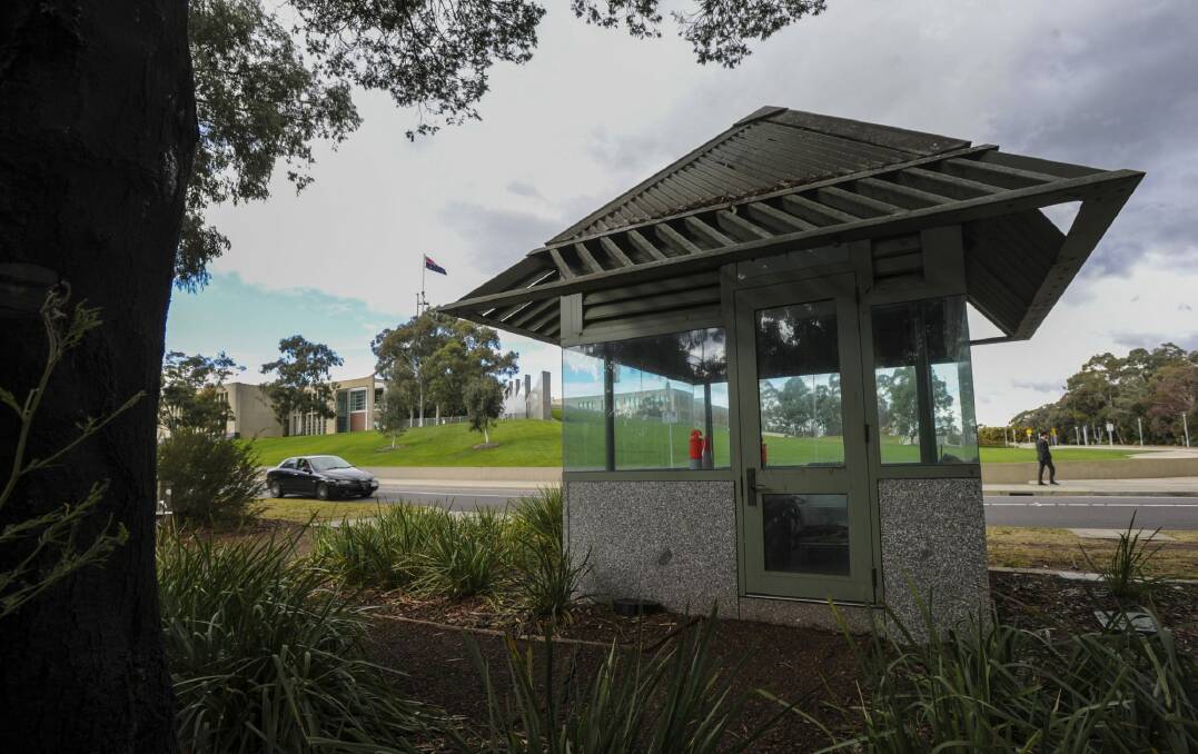 Four unused security guardhouses on the perimeter of Parliament House are unkept and dirty. Photo: Graham Tidy