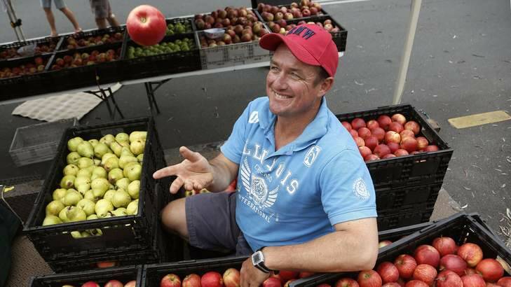 Wayne Skein from the Apple Shed in Tumut with some of his produce at the Northside Farmers Market. Photo: Jeffrey Chan