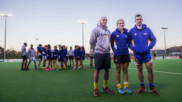 Australian and Canberra representatives Glen Turner, Edwina Bone, and Andrew Charters, with the rest of the Canberra Lakers and Canberra Strikers ahead of their departure to compete in the Australian Hockey League. Photo: Rohan Thomson