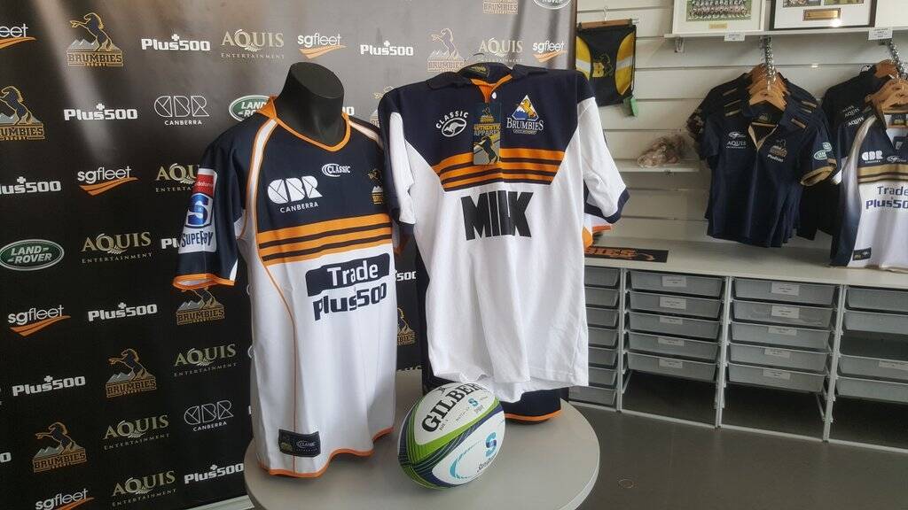 The ACT Brumbies jersey for the 2018 Super Rugby season, left, next to a heritage jersey from 1996. Photo: Chris Dutton
