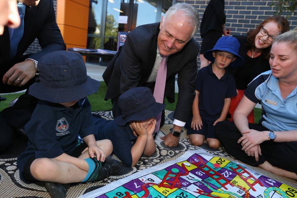Prime Minister Malcolm Turnbull and Minister Christopher Pyne visited Mother Teresa Early Learning Centre in Canberra on Monday. Photo: Andrew Meares