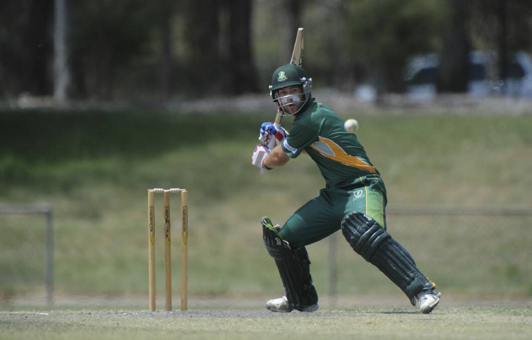 Weston Creek Molonglo batsman Harry Medhurst scored 77 from 60 balls in Sunday's semi-final against Wests/UC at Jamison Oval. Photo: Graham Tidy