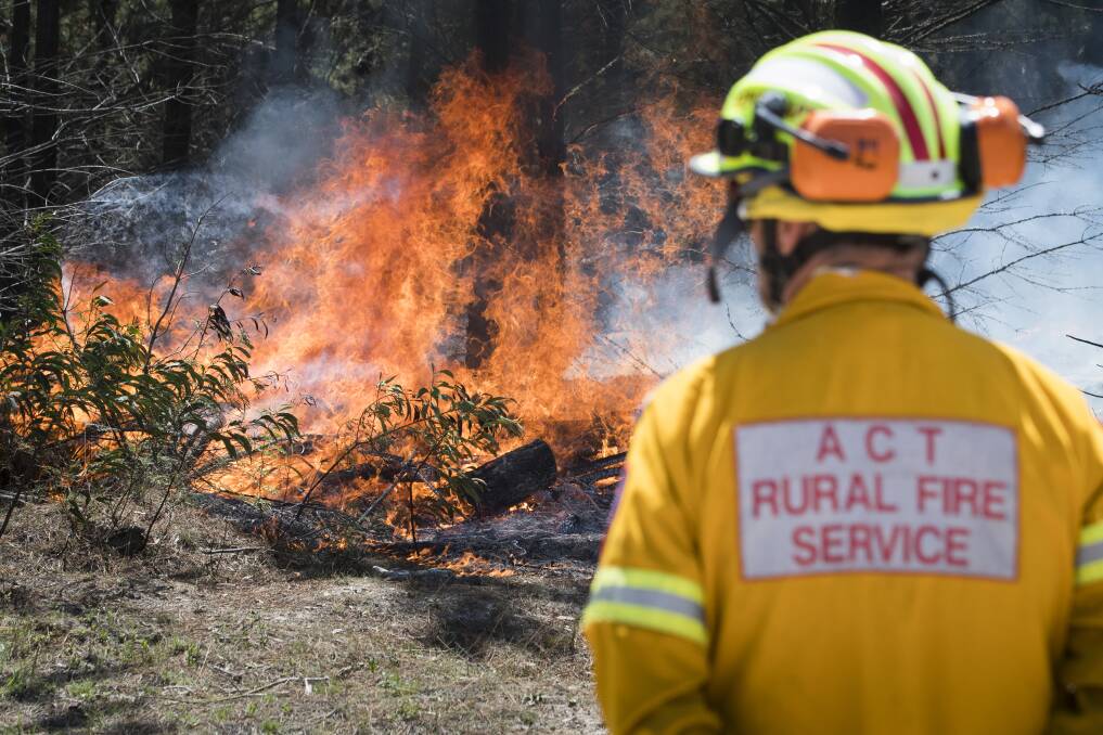 ACT rural firefighters at the fire containment line at Pierces Creek on Saturday. Photo: Elesa Kurtz