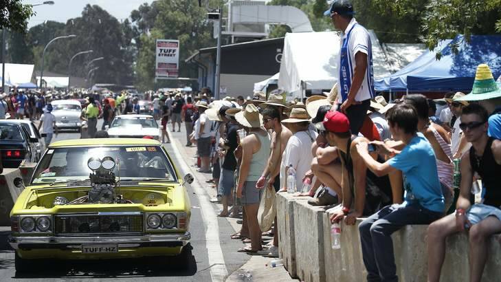 The Summernats crowd watches as cars cruise around at the EPIC grounds on Saturday. Photo: Jeffrey Chan
