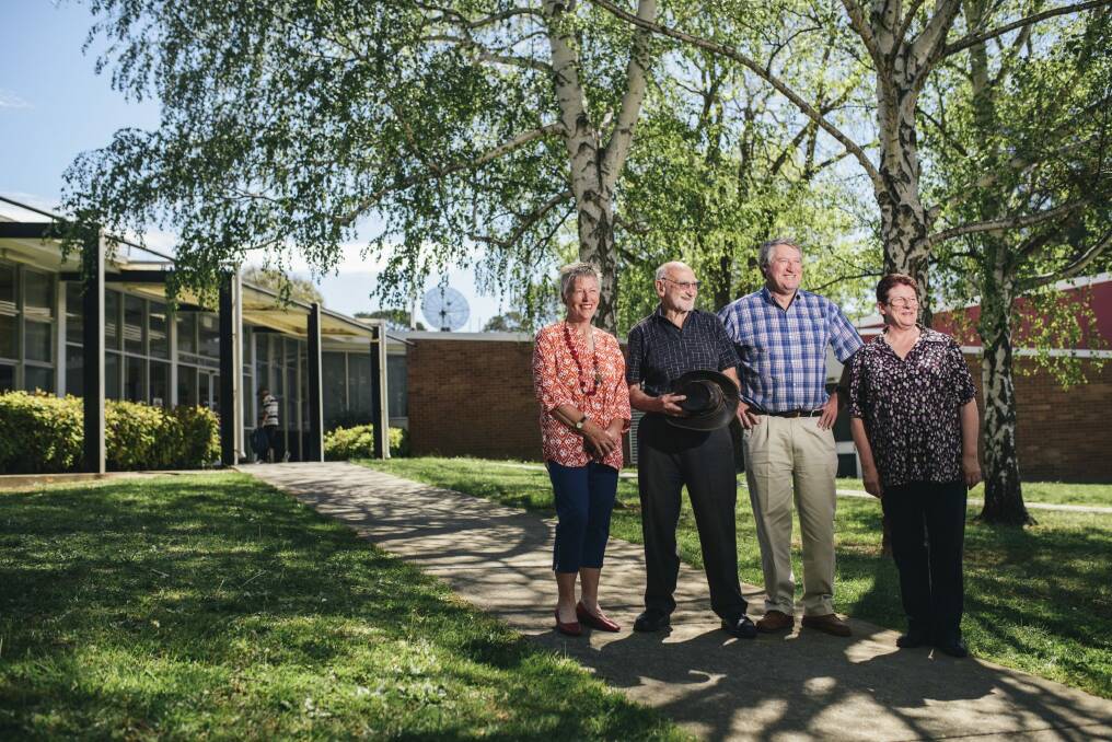 Members of the class of 1965 at Narrabundah College, Dianne Moir, Mick March, Rodney Webber 
and Bronwen Houstein outside the school.

 Photo: Rohan Thomson