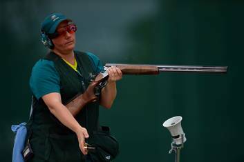 Suzy Balogh shows her frustration after a disappointing performance in the women's trap final. Photo: Getty Images