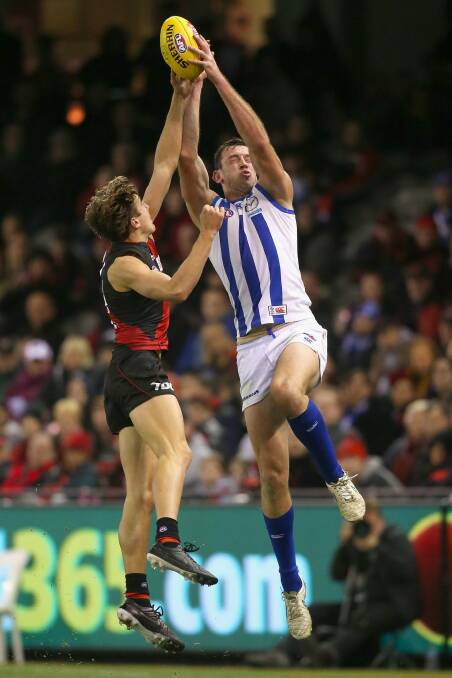 Todd Goldstein brought his own footy against the Bombers. Photo: Getty Images
