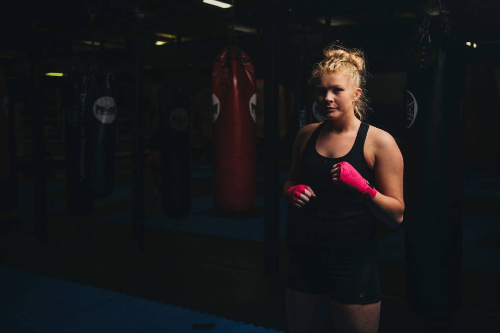 Kaiti Primrose training with Benjamin Reid. She is set to fight in her first boxing match in a charity fight to support muscular dystrophy. Photo: Rohan Thomson