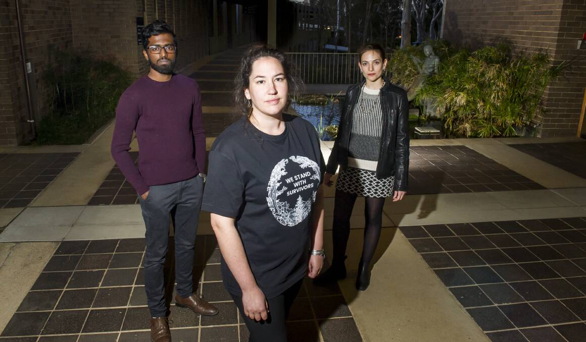 The ANU postgraduate and research student association (PARSA) says more needs to be done to keep students safe on campus. (From left) International officer Harish Chakravarthy, president Alyssa Shaw and women's officer Emma Davies. Photo: Elesa Kurtz