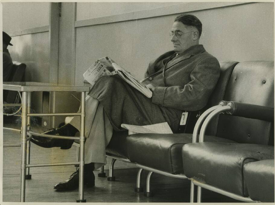 Sir Howard Florey co-discoverer of Penicillin and one of Australia's most distinguished scientists at Kingsford Smith Airport waiting to board his flight for America in 1953.