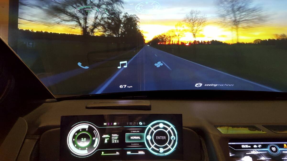 The first public pictures of Seeing Machines' display prototype of technology developed with Samsung. Icons are activated with the driver's eyes.