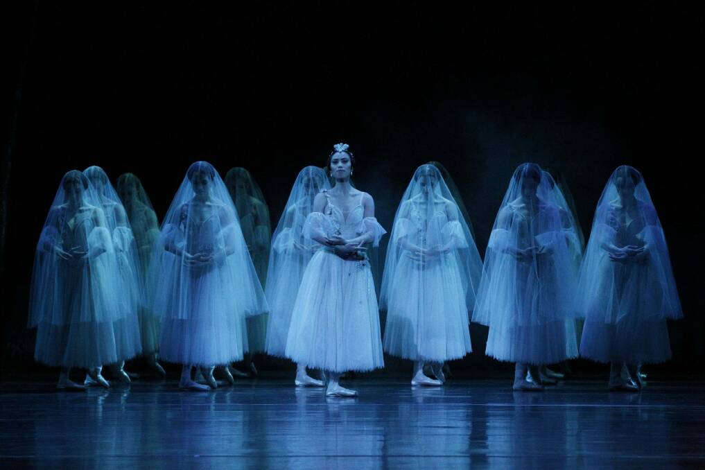 Myrtha (Ako Kondo),centre, and the Wilis in the second act of "Giselle".  Photo: Jeff Busby