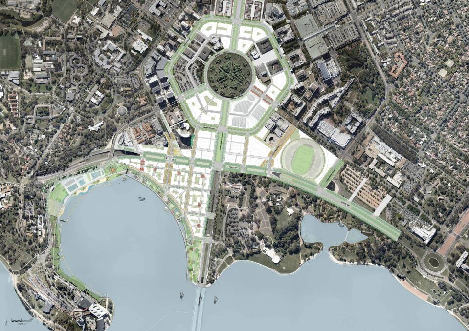 An aerial diagram of the City to the Lake development area. Questions remain as to whether the Parkes Way/Coranderrk Street roundabout will have to be moved before UNSW redevelops a Constitution Avenue car park.  Photo: Supplied