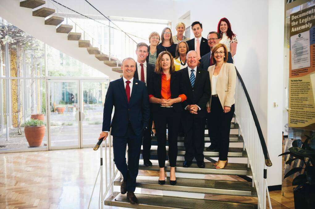 The newly elected Labor team in the ACT parliament, with Chief Minister Andrew Barr and Deputy Chief Minister Yvette Berry, and ministers Mick Gentleman and Meegan Fitzharris in the front row. Photo: Rohan Thomson