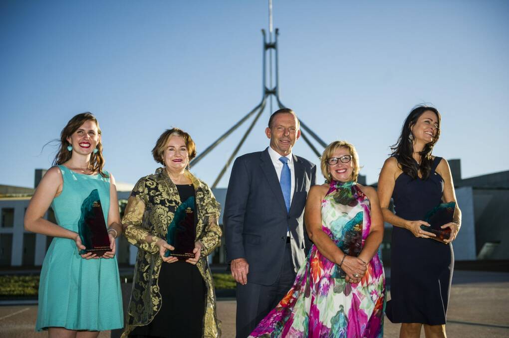 Prime Minister Tony Abbott with the 2015 Australian of the Year winners. From left, 2015 Young Australian of the Year Drisana Levitzke-Gray, 2015 Senior Australian of the Year Jackie French, 2015 Australia of the Year, Rosie Batty, and 2015 Local Hero Juliette Wright. Photo: Jay Cronan