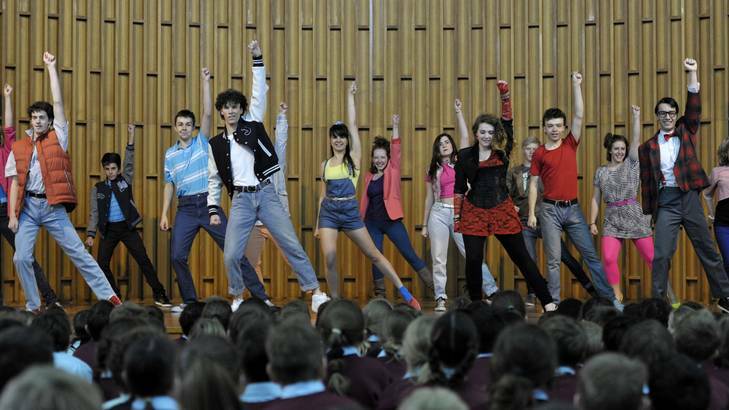 Cast of Back to the 80s perform for Rosary Primary School Students. Photo: Jay Cronan