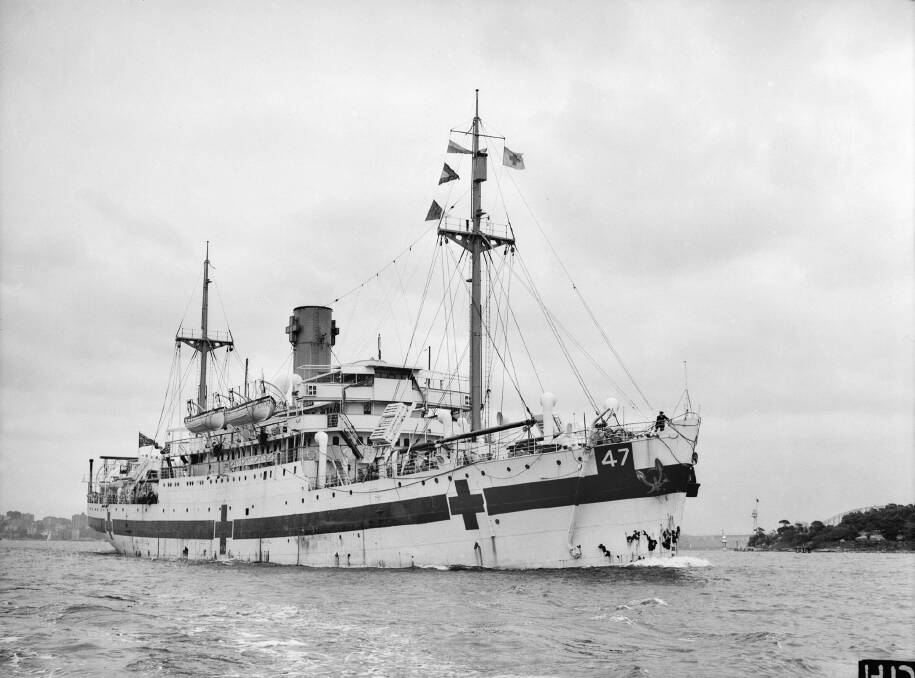 Australian Hospital Ship Centaur, with red crosses and green lines on hull in Sydney, 1943, Photo: Australian War Memorial Photo: Australian War Memorial