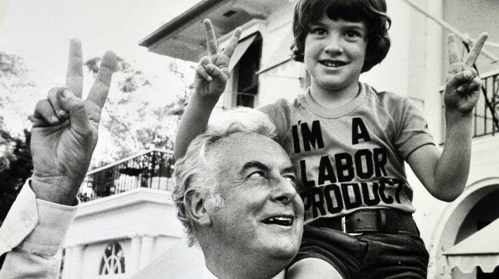 Cared about kids: Gough Whitlam exchanges victory signs with his grandson, Alexander Whitlam, 5, in 1975. 